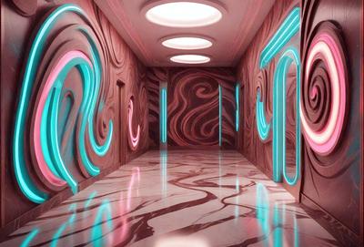The primary subject of the image is a hallway with a patterned floor and walls. The setting is a futuristic environment, possibly a space station or a futuristic building. The visual style is a combination of digital art and illustration, creating a unique and intriguing atmosphere. The colors and mood are predominantly pink and purple, giving the scene a vibrant and lively feel.