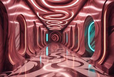 The primary subject of the image is a long, narrow hallway with a spiral pattern on the ceiling. The hallway is illuminated by a series of lights, creating a visually striking and futuristic atmosphere. The setting is a large, open space with a pink color scheme, giving the area a unique and vibrant appearance. The visual style of the image is a combination of digital art and illustration, with the spiral pattern on the ceiling and the lights creating a dynamic and intricate design. The