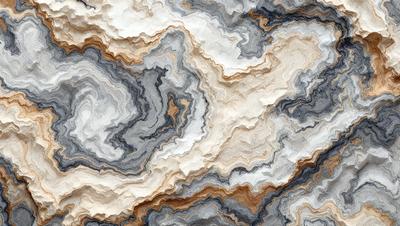 The primary subject of the image is a close-up of a marble-like stone with a patterned texture. The setting is a rocky surface, and the visual style appears to be a combination of a photo and digital art. The colors and mood of the image are predominantly grays and browns, giving it a natural and earthy feel.
