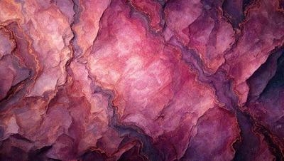 The primary subject of the image is a purple and brown painting, which features a pattern of swirls and curves. The setting is a wall, and the visual style appears to be a combination of digital art and illustration. The dominant colors in the painting are purple and brown, creating a mood of depth and intrigue.