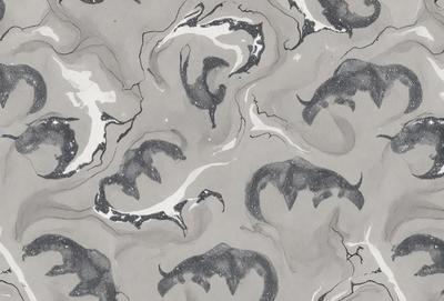 The primary subject of the image is a pattern of black and white fish, which are the main objects in the scene. The fish are arranged in a visually appealing manner, creating a sense of depth and dimension. The setting is a gray background, which provides a neutral and clean environment for the fish pattern. The visual style of the image is a combination of digital art and illustration, as the fish are depicted in a detailed and artistic manner. The colors and mood of the image are predominantly black and white, giving