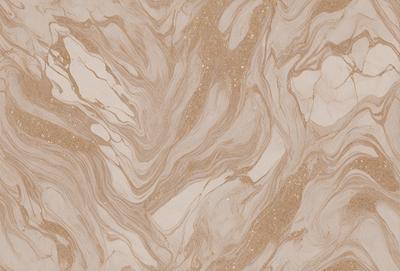 The primary subject of the image is a marble-like surface with a pattern of swirls and waves. The setting is a room with a tan-colored wall, which serves as the background. The visual style is a close-up of the marble-like surface, showcasing its intricate pattern. The colors and mood of the image are warm and inviting, with the tan-colored wall complementing the swirls and waves of the marble-like surface.