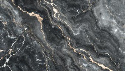 The primary subject of the image is a close-up of a marble countertop with a black and gold pattern. The setting is a kitchen or bathroom counter, and the visual style is a photo. The dominant colors are black and gold, creating a luxurious and elegant atmosphere.