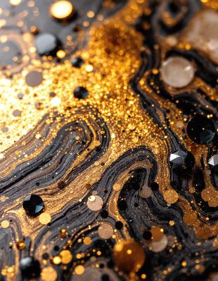 The primary subject of the image is a close-up of a black and gold pattern, which appears to be a painting or a digital artwork. The setting is a black background, and the visual style is a mix of photo and digital art. The dominant colors are black, gold, and possibly some shades of brown. The overall atmosphere of the image is intricate and visually appealing.