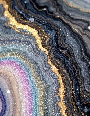 The primary subject of the image is a close-up of a colorful, shiny rock with a rainbow pattern. The rock is surrounded by a black and gold background, giving it a striking appearance. The visual style of the image is a combination of a photo and digital art, creating a unique and eye-catching representation of the rock. The colors and mood of the image are vibrant and lively, with the rainbow pattern adding a sense of joy and energy to the scene.