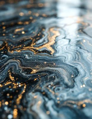 The primary subject of the image is a close-up of a shiny, black, and blue surface, possibly a marble or granite countertop. The setting is a room with a dark background, which emphasizes the shine of the surface. The visual style is a close-up, which highlights the intricate patterns and textures of the surface. The colors and mood of the image are predominantly dark, with the blue and black colors creating a sense of depth and sophistication.