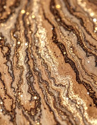 The primary subject of the image is a close-up of a marbled surface with a gold and black pattern. The setting is a wooden table, and the visual style appears to be a photo. The dominant colors are gold and black, creating a rich and luxurious atmosphere.