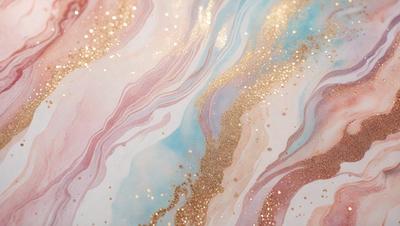 The primary subject of the image is a colorful, swirling pattern featuring gold glitter and blue hues. The setting is a white background, which provides a clean and uncluttered look. The visual style is a combination of digital art and illustration, creating a unique and eye-catching design. The dominant colors are gold, blue, and white, giving the pattern a vibrant and lively atmosphere.