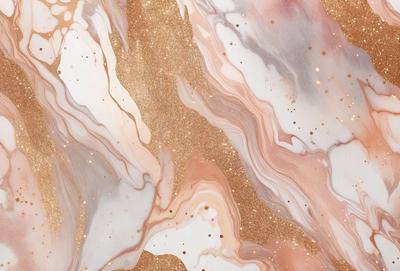 The primary subject of the image is a marbled surface with a gold and pink color scheme. The setting is a close-up of the marbled surface, showcasing its intricate patterns and textures. The visual style is a combination of a photo and digital art, creating a unique and eye-catching design. The colors and mood of the image are warm and inviting, with the gold and pink hues evoking a sense of luxury and elegance.