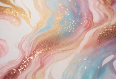 The primary subject of the image is a painting or drawing of a colorful, swirling design. The setting is a white surface, which provides a clean and uncluttered background for the artwork. The visual style appears to be a combination of digital art and illustration, as the colors and patterns are vibrant and intricate. The dominant colors in the image are pink, blue, and gold, creating a warm and lively atmosphere.