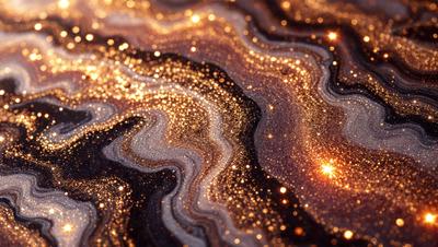 The primary subject of the image is a close-up of a shiny, metallic surface, possibly a piece of jewelry or a decorative item. The setting is a dark background, which contrasts with the bright, reflective surface. The visual style appears to be a combination of a photo and digital art, as the image has a realistic appearance with a touch of digital enhancement. The colors and mood of the image are predominantly dark and moody, with the shiny surface providing a contrasting