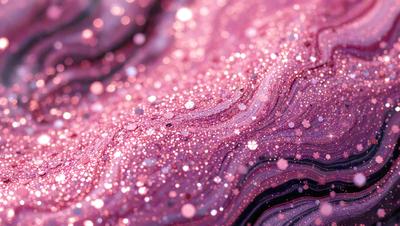 The primary subject of the image is a close-up of a pink and purple glittery surface, possibly a piece of fabric or a wall. The setting appears to be a room with a black background. The visual style is a combination of a photo and digital art, creating a unique and eye-catching effect. The colors and mood of the image are predominantly pink and purple, giving it a vibrant and lively atmosphere.