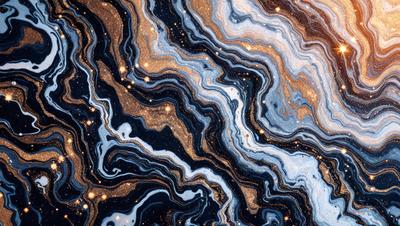 The primary subject of the image is a close-up of a blue and gold swirling pattern, which appears to be a piece of art or a decorative item. The setting is a dark background, which contrasts with the vibrant colors of the swirling pattern. The visual style of the image is a combination of artistic and digital elements, creating a unique and eye-catching design. The dominant colors in the image are blue and gold, with the blue providing a sense of depth and the gold adding a touch of
