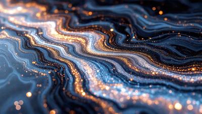 The primary subject of the image is a close-up of a shiny, blue-black, and gold-colored surface, possibly a piece of art or a textured wall. The setting appears to be a dark room, with the surface being the main focus of the image. The visual style is a combination of a photo and digital art, creating a unique and intriguing appearance. The colors and mood of the image are predominantly dark and moody, with the blue-black and gold colors adding a sense of depth