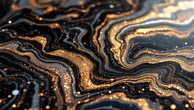 The primary subject of the image is a close-up of a shiny, black, and gold surface, possibly a piece of art or a decorative item. The setting appears to be a dark room, with the surface being the main focus of the image. The visual style is a combination of a photo and digital art, creating a unique and eye-catching appearance. The dominant colors are black, gold, and shades of brown, giving the image a rich and luxurious feel.
