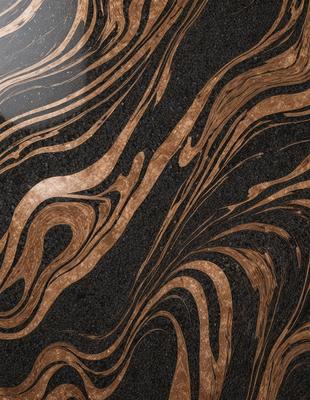The primary subject of the image is a marble countertop with a unique and intricate design. The setting is a kitchen, with the countertop being the main focus of the scene. The visual style is a close-up of the marble countertop, showcasing its intricate patterns and textures. The colors and mood of the image are predominantly brown and black, giving it a sophisticated and elegant appearance.