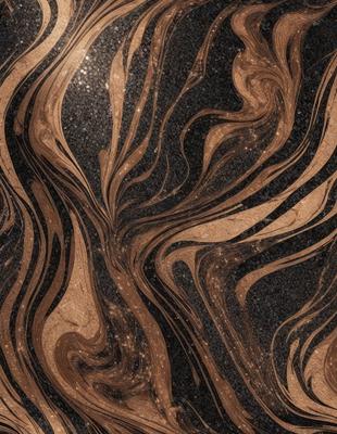 The primary subject of the image is a marble countertop with a unique and intricate design. The setting is a kitchen, and the visual style is a close-up of the marble countertop. The colors and mood of the image are predominantly brown and black, giving it a sophisticated and elegant appearance.