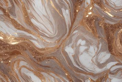 The primary subject of the image is a marble-like surface with a gold and brown color scheme. The setting is a patterned marble wall, and the visual style is a close-up of the marble surface. The colors and mood of the image are warm and inviting, with the gold and brown tones creating a sense of luxury and sophistication.