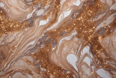 The primary subject of the image is a close-up of a marble surface with a gold-like pattern. The setting is a marble countertop, and the visual style is a photo. The dominant colors are gold and brown, creating a warm and luxurious atmosphere.