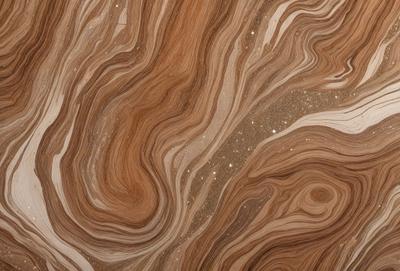 The primary subject of the image is a close-up of a wooden surface with a unique and intricate pattern. The setting is a wooden table, and the visual style appears to be a combination of a photo and a digital art or illustration. The colors and mood of the image are warm and earthy, with a focus on the natural texture and patterns of the wooden surface.