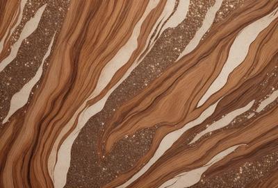 The primary subject of the image is a wooden surface with a unique and intricate pattern. The setting is a close-up view of the wooden surface, showcasing the details of the pattern. The visual style is a combination of a photo and digital art, creating a striking and artistic representation of the wooden surface. The colors and mood of the image are predominantly brown and earthy tones, giving the scene a natural and organic feel.
