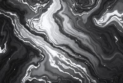 The primary subject of the image is a black and white patterned rock, which appears to be a piece of marble. The setting is a dark background, which contrasts with the rock's intricate pattern. The visual style is a close-up of the rock, showcasing its unique texture and design. The colors and mood of the image are predominantly dark, with the rock's pattern providing a sense of depth and contrast.