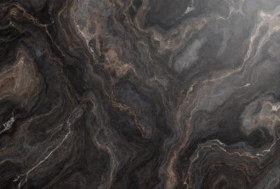 The image features a close-up of a marble countertop with a brown and black color scheme. The countertop has a unique and intricate pattern, giving it a natural and textured appearance. The setting appears to be a kitchen or a similar environment where the countertop is used for various purposes. The visual style of the image is a close-up, which emphasizes the details and texture of the marble countertop.