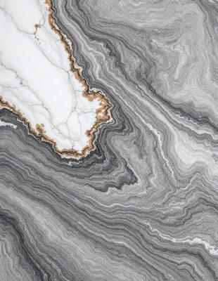 The primary subject of the image is a marble countertop with a unique and intricate pattern. The setting is a kitchen, and the visual style is a close-up of the marble countertop. The colors and mood of the image are predominantly gray, giving it a sophisticated and elegant appearance.