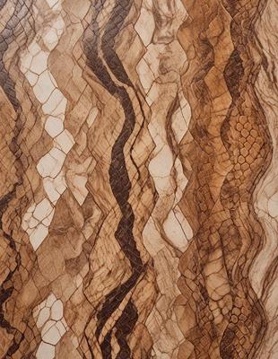 The primary subject of the image is a wooden surface with a pattern of swirls and stripes. The setting is a close-up view of the wooden surface, showcasing the intricate design. The visual style is a natural, textured look, with the colors and mood being warm and earthy.