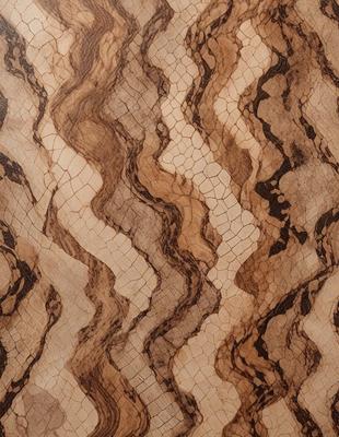 The primary subject of the image is a wooden surface with a unique and intricate design. The setting is a close-up view of the wooden surface, showcasing the pattern and texture of the wood. The visual style is a combination of a photo and digital art, as the image appears to be a close-up of a wooden surface with a patterned design. The colors and mood of the image are predominantly brown and earthy tones, giving the impression of a natural and organic material.