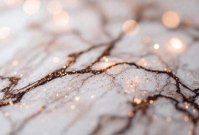 The primary subject of the image is a close-up of a marble surface with a pattern of gold glitter. The setting is a white background, and the visual style appears to be a combination of a photo and digital art. The colors and mood of the image are predominantly gold and glittery, creating a warm and shiny atmosphere.