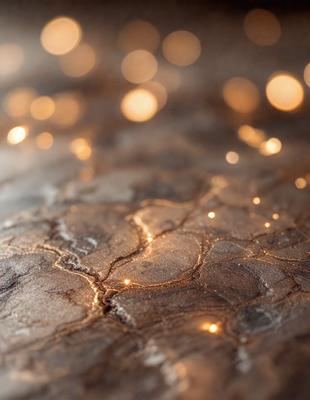 The primary subject of the image is a close-up of a marble surface with a pattern of light and dark spots. The setting is a dark room, and the visual style appears to be a photo. The colors and mood of the image are predominantly dark, with the light and dark spots on the marble surface creating a contrasting pattern.