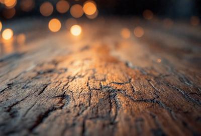 The primary subject of the image is a wooden floor with a worn and aged appearance. The setting is a room with a wooden floor, and the visual style is a photo. The colors and mood of the image are dark and moody, with the wooden floor being the main focus.