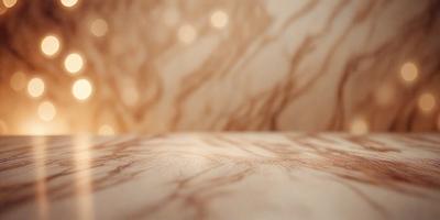 The primary subject of the image is a marble countertop with a patterned surface. The setting is a room with a wall behind the countertop. The visual style is a photo, and the colors and mood are warm and inviting.