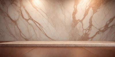 The primary subject of the image is a marble countertop. The setting is a room with a marble wall, which adds to the luxurious and elegant atmosphere. The visual style is a photo, capturing the natural beauty and texture of the marble. The colors and mood are predominantly neutral, with the marble providing a warm and sophisticated ambiance.