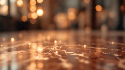 The primary subject of the image is a wooden floor with a pattern of lights on it. The setting is a room with a wooden floor, and the visual style is a close-up of the floor. The colors and mood of the image are warm and inviting, with the lights creating a cozy atmosphere.