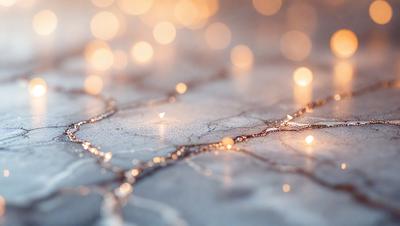 The primary subject of the image is a close-up of a cracked, textured surface with a pattern of light shining through it. The setting is a dark room, and the visual style appears to be a combination of a photo and digital art. The colors and mood of the image are predominantly dark, with the light shining through the cracked surface creating a contrasting effect.