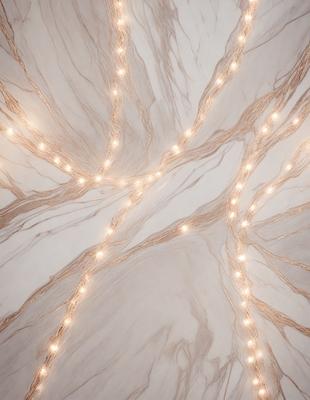 The primary subject of the image is a marble wall with a pattern of lights on it. The setting is a room with a marble surface, and the visual style appears to be a photo. The colors and mood of the image are predominantly white, giving it a clean and elegant appearance.