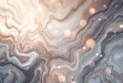 The primary subject of the image is a close-up of a marbled surface, which appears to be a patterned stone or a textured wall. The setting is a dark room, and the visual style is a combination of a photo and digital art. The colors and mood of the image are predominantly dark, with a few bright spots, creating a moody and dramatic atmosphere.