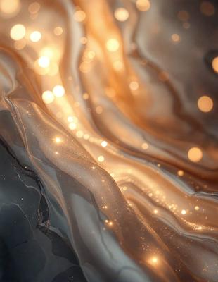 The primary subject of the image is a close-up of a shiny, metallic surface with a pattern of light and dark streaks. The setting appears to be a room with a wall that has a pattern of light and dark streaks. The visual style of the image is a combination of a photo and digital art, creating a unique and intriguing appearance. The colors and mood of the image are predominantly dark and shiny, with the light streaks adding a sense of depth and texture to the surface.