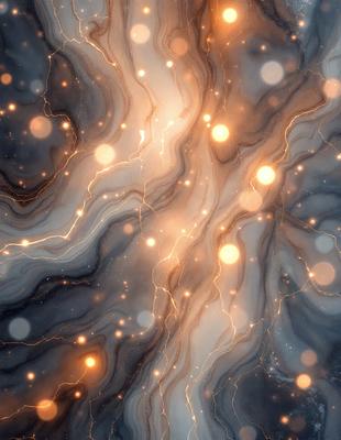 The primary subject of the image is a close-up of a marbled surface with a pattern of yellow and orange lights. The setting appears to be a dark room, and the visual style is a combination of photo and digital art. The dominant colors are yellow and orange, creating a warm and inviting atmosphere.