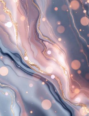 The primary subject of the image is a close-up of a gold and pink patterned wallpaper. The setting is a room with a blue background, and the visual style appears to be a digital art or illustration. The dominant colors in the image are gold and pink, creating a warm and inviting atmosphere.