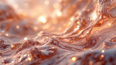 The primary subject of the image is a close-up of a shiny, wet surface, possibly a piece of glass or a reflective surface. The setting is a room with a bright light source, creating a warm and inviting atmosphere. The visual style is a combination of a photo and digital art, as the image appears to be a close-up of a reflective surface, but the colors and lighting suggest a digital artwork. The colors and mood of the image are predominantly warm and vibrant, with the