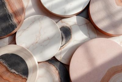 The primary subject of the image is a collection of round, marble-like objects. These objects are arranged in a visually appealing manner, creating an artistic display. The setting is a sunlit room, which adds warmth and brightness to the scene. The visual style of the image is a combination of photo and digital art, as it captures the natural beauty of the marble-like objects while also showcasing the artist's creativity in arranging them. The colors and mood of the image are pre
