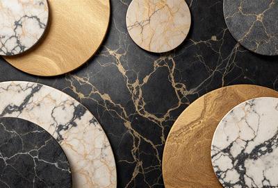 The primary subject of the image is a collection of round, decorative items, which include marble and gold circles. These items are displayed on a black background, creating a striking contrast. The visual style of the image is a combination of photo and digital art, as it showcases the intricate details of the marble and gold circles. The colors and mood of the image are predominantly black and gold, giving it a sophisticated and elegant appearance.