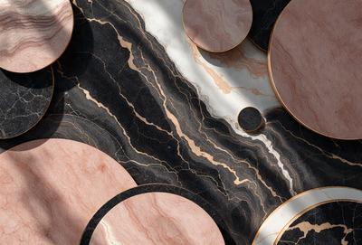 The primary subject of the image is a marble table with a black and white marble top. The table is surrounded by several round marble circles, creating a visually appealing and unique design. The setting appears to be a room with a marble floor, which complements the marble table and circles. The visual style of the image is a combination of photo and digital art, showcasing the intricate details of the marble surfaces. The colors and mood of the image are predominantly black and white, giving it