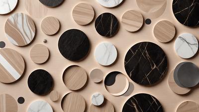 The primary subject of the image is a collection of circles, which are arranged on a wooden surface. The circles come in various sizes and are placed in different positions, creating a visually interesting pattern. The setting appears to be a workspace or a display area, with the wooden surface serving as the background. The visual style of the image is a combination of photo and digital art, as it captures the intricate arrangement of the circles while maintaining a clean and organized appearance. The colors and mood of the image are predominantly neutral