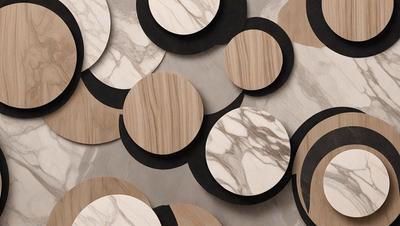 The primary subject of the image is a collection of circles, which are arranged in various sizes and shapes. The circles are placed on a marble surface, creating a visually appealing and elegant display. The setting appears to be a modern and sophisticated environment, with the circles serving as decorative elements. The visual style of the image is a combination of photo and digital art, as the circles are arranged in a way that suggests a deliberate composition. The colors and mood of the image are predominantly neutral, with the