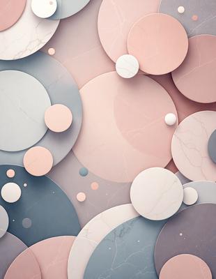 The primary subject of the image is a collection of circles, which are arranged in various sizes and colors. The circles are placed on a marble surface, creating a visually appealing and artistic display. The setting appears to be a modern and stylish environment, possibly a gallery or an art installation. The visual style of the image is a combination of digital art and illustration, with the circles being digitally created and arranged to form a cohesive pattern. The dominant colors in the image are shades of pink, blue,