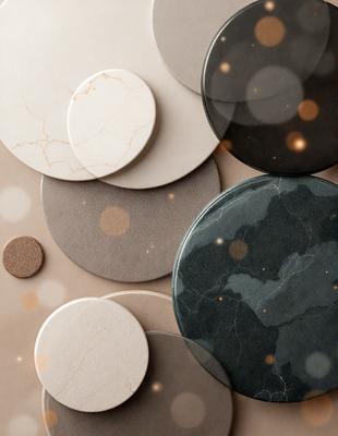 The primary subject of the image is a collection of round, flat, and marbled objects. These objects are placed on a table, and they vary in size and color. The setting is a table with a white surface, and the visual style appears to be a combination of photo and digital art. The colors and mood of the image are predominantly white and black, with a touch of marbled texture.